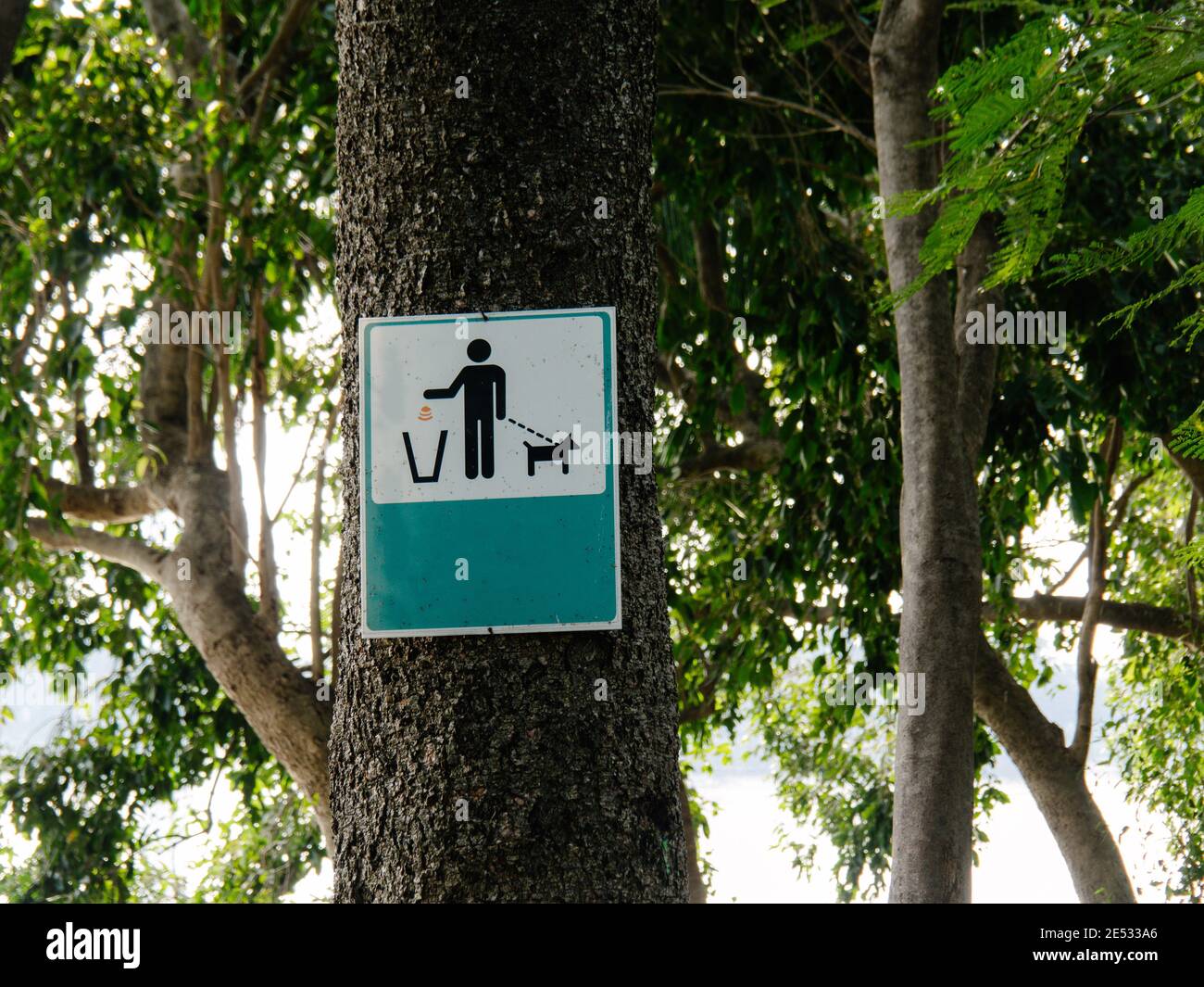 A sign in the park that means Please put on a leash and collect the dog droppings. Stock Photo