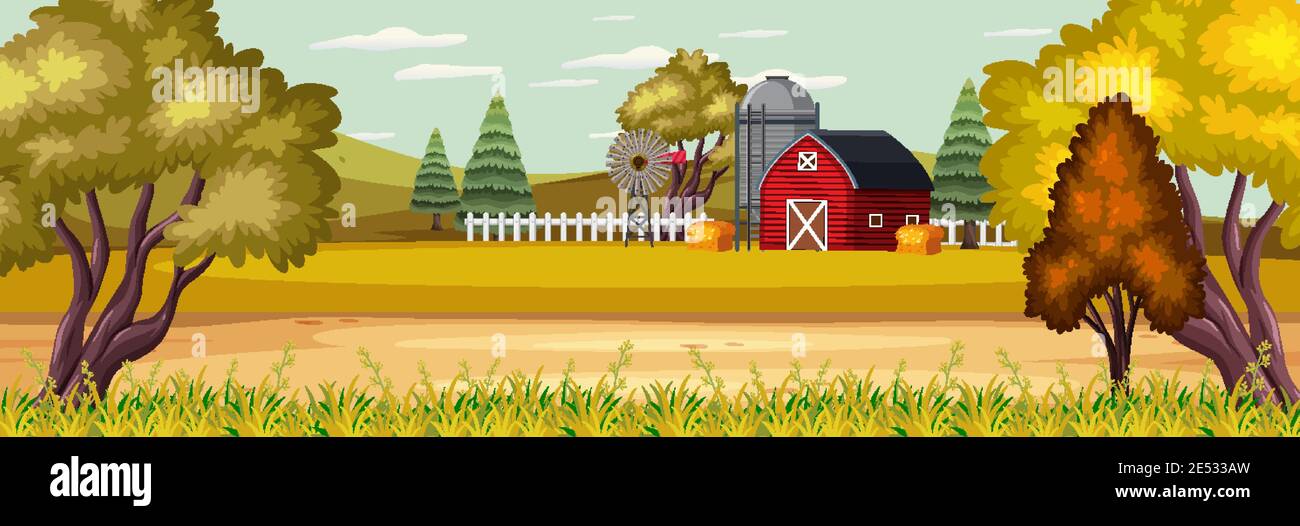 Farm landscape with field and red barn in autumn season illustration ...