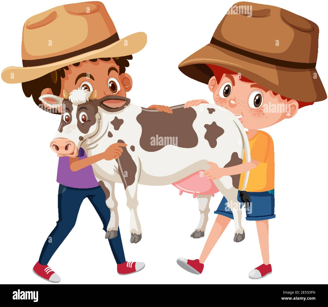 Two boys holding cute animal cartoon character isolated on white ...