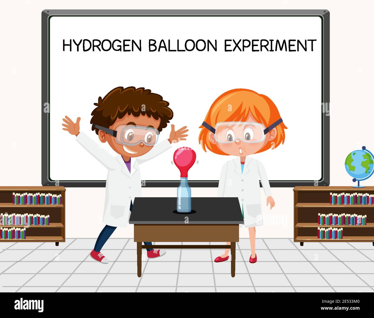 Young scientist doing hydrogen balloon experiment in front of a board
