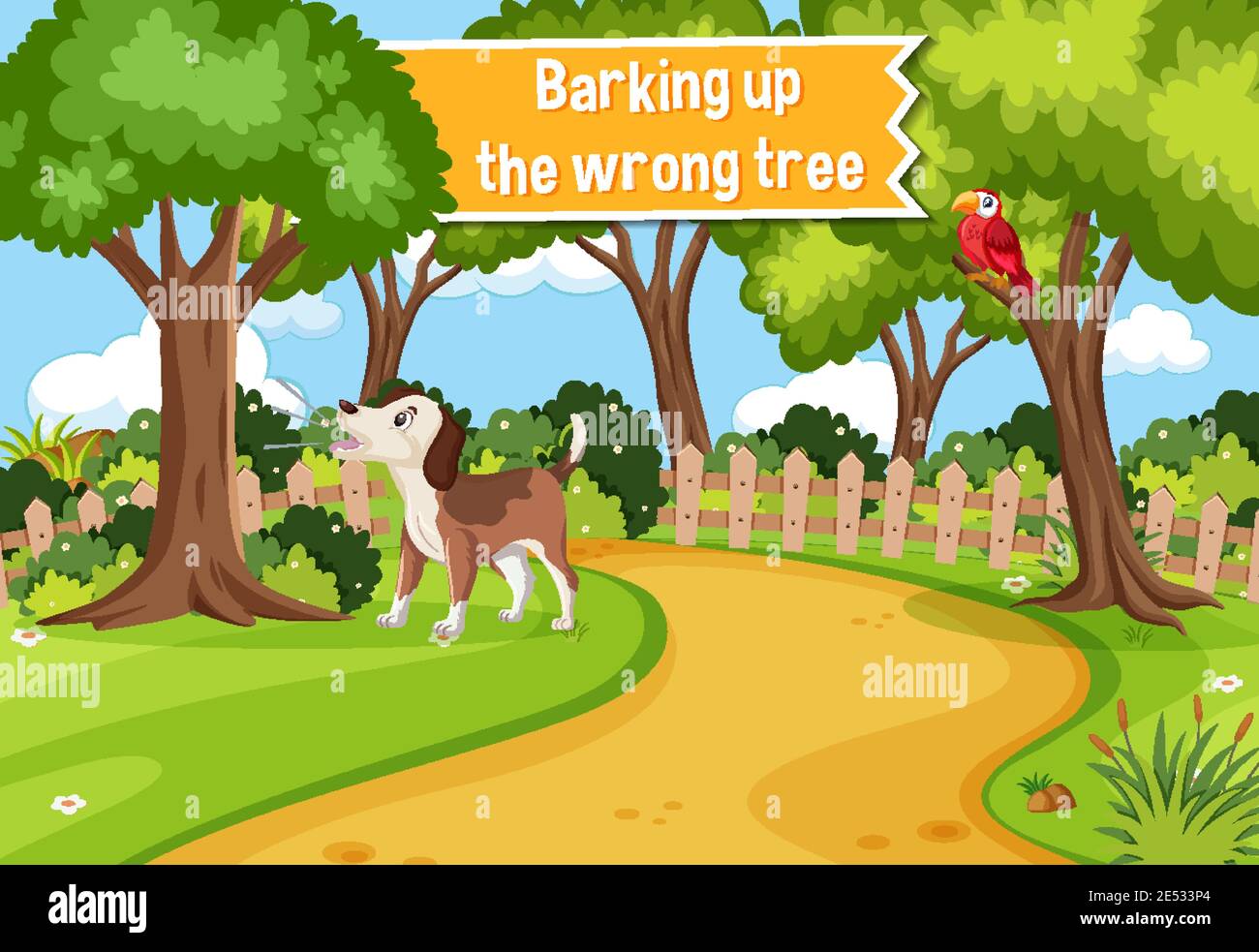 Idiom poster with Barking up the wrong tree illustration Stock Vector