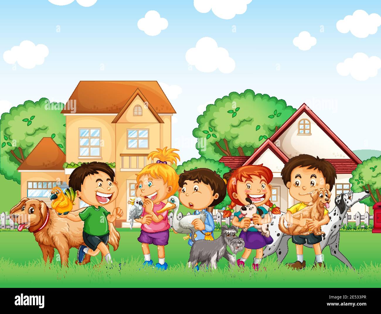 Outdoor scene with group of pet and children illustration Stock Vector ...