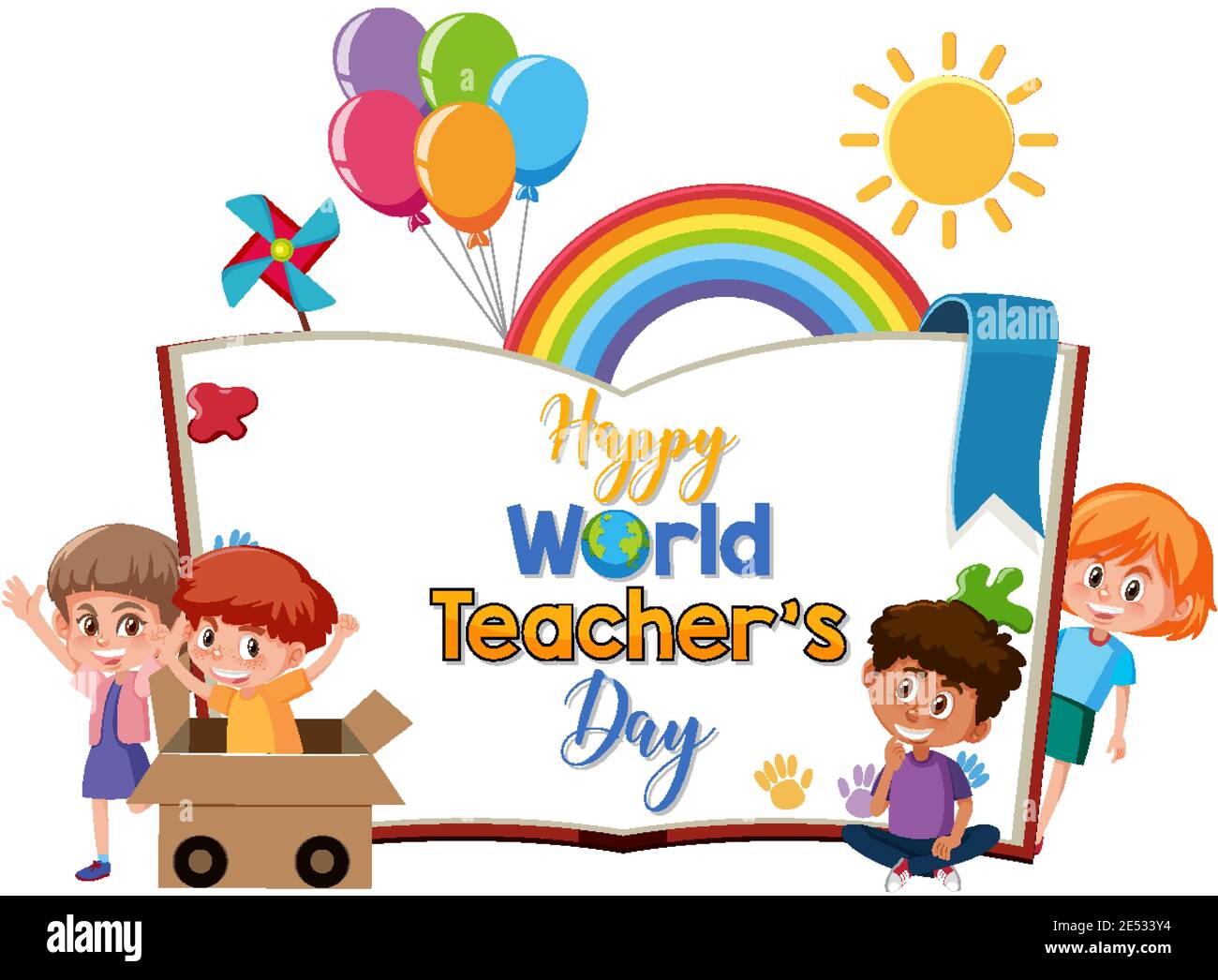 Happy World Teacher's Day logo with group of cute students illustration