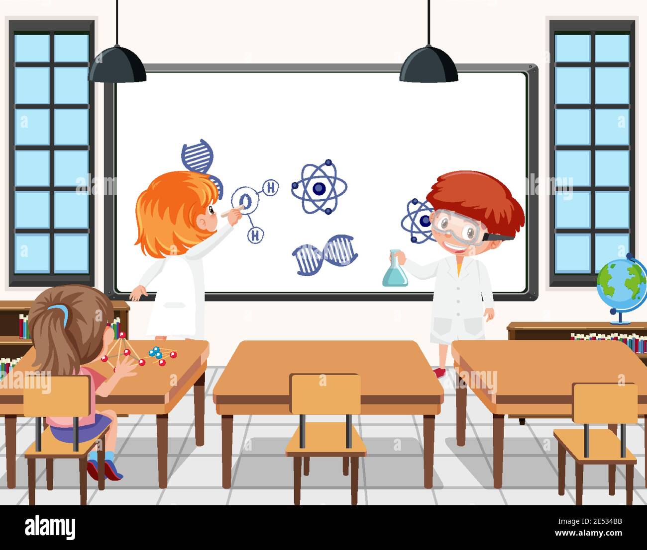 Young students doing science experiment in the classroom scene ...