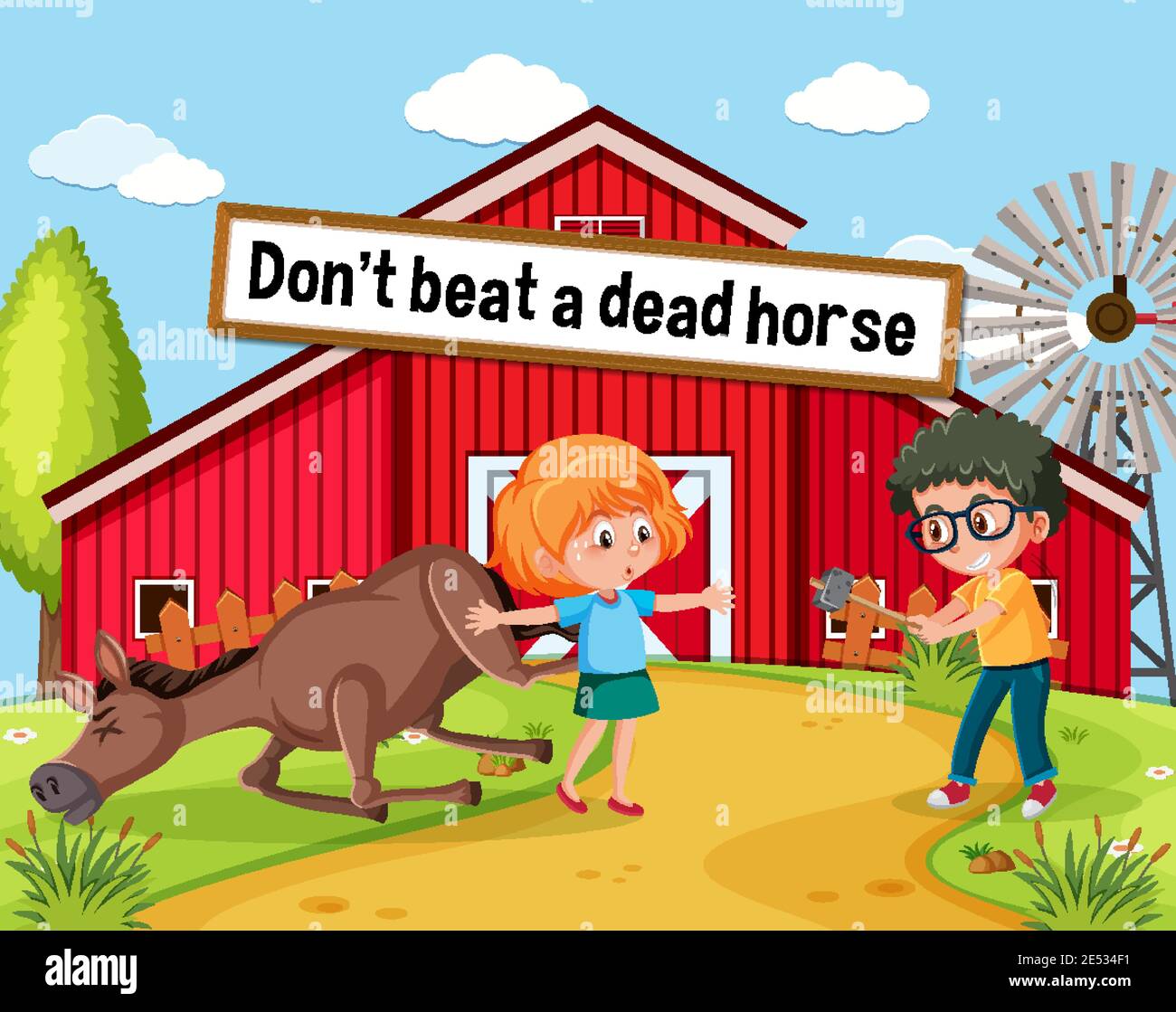 Idiom poster with Don't beat a dead horse illustration Stock Vector
