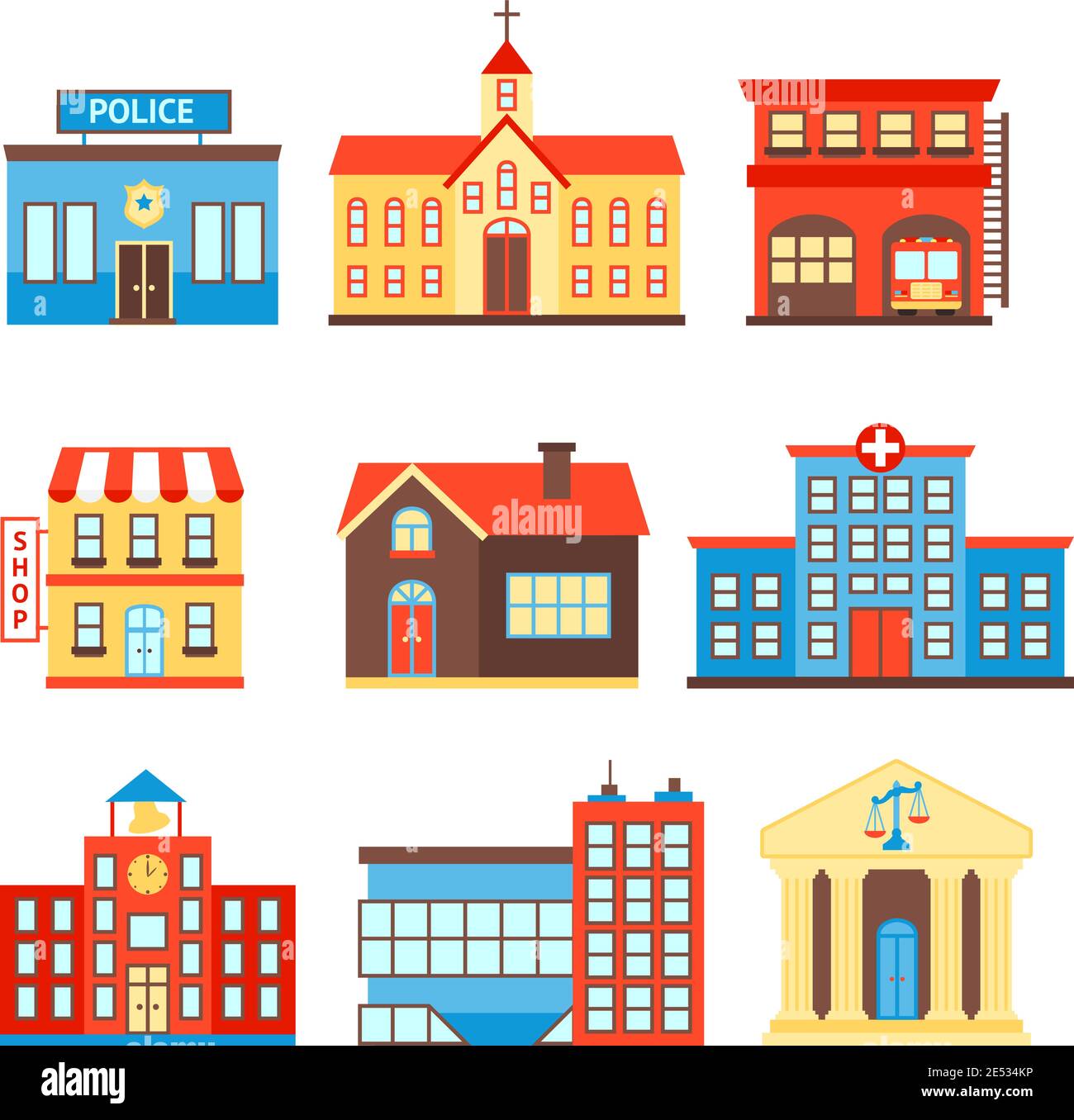 Government building icons set of police shop church isolated vector illustration Stock Vector