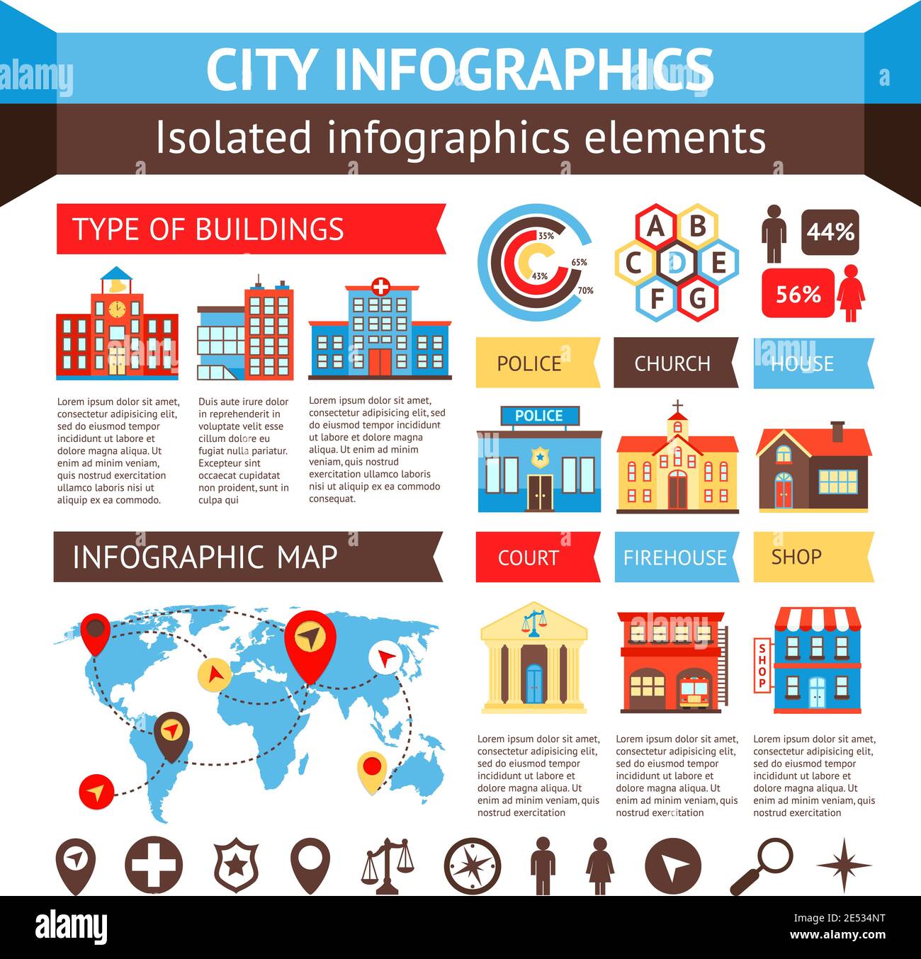 City government building infographic set with charts and world map vector illustration Stock Vector