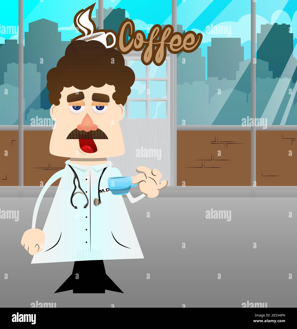 Funny cartoon doctor drinking coffee. Vector illustration Stock Vector