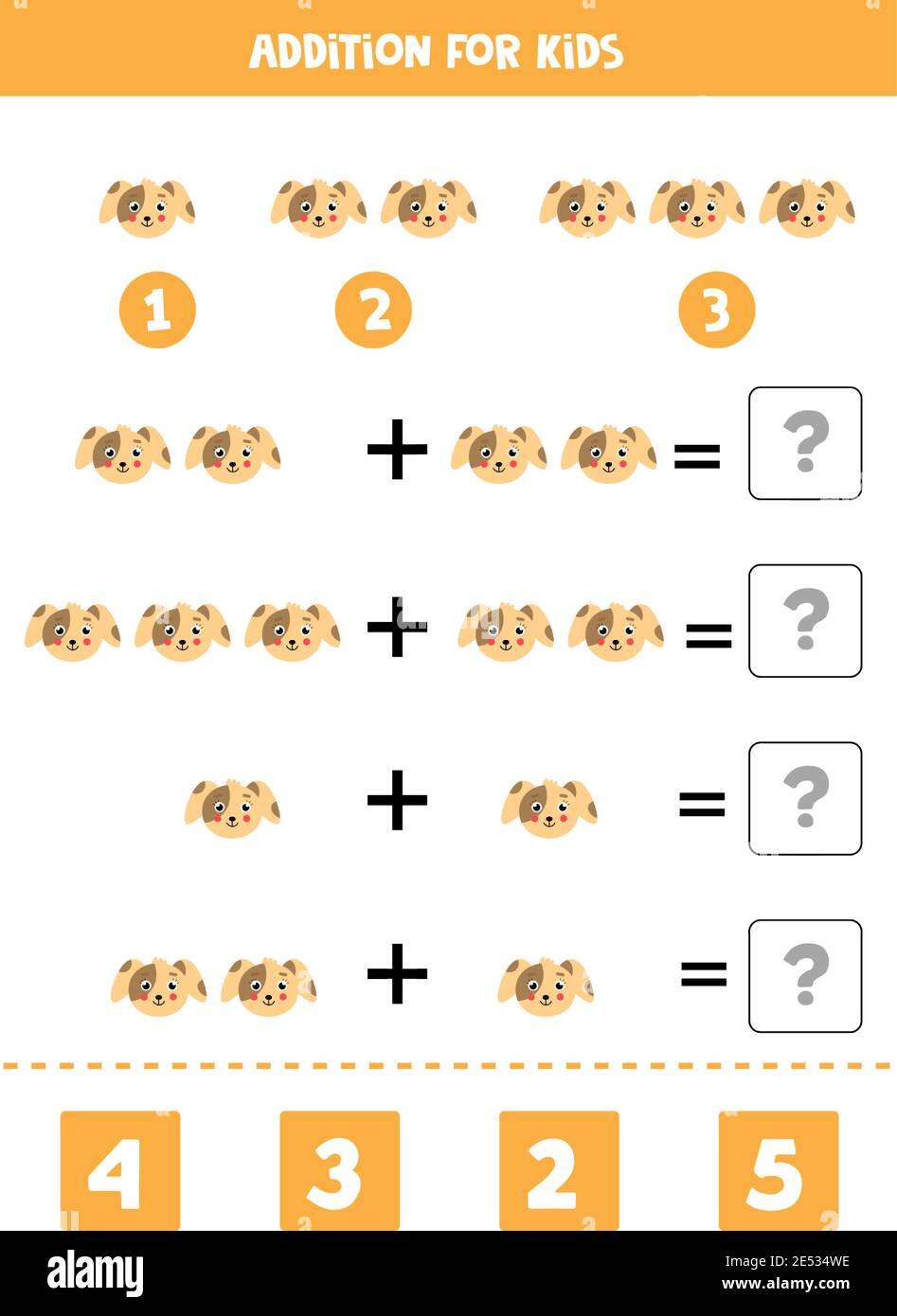 Addition game with cute cartoon dog face. Math game for kids Stock ...