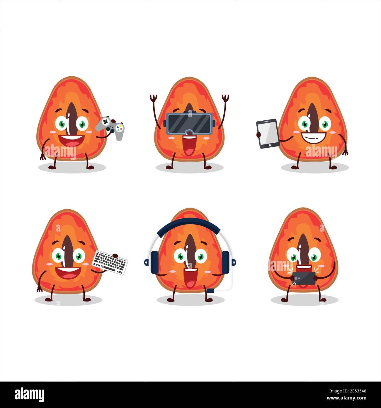 Slice of mamey cartoon character are playing games with various cute emoticons. Vector illustration Stock Vector