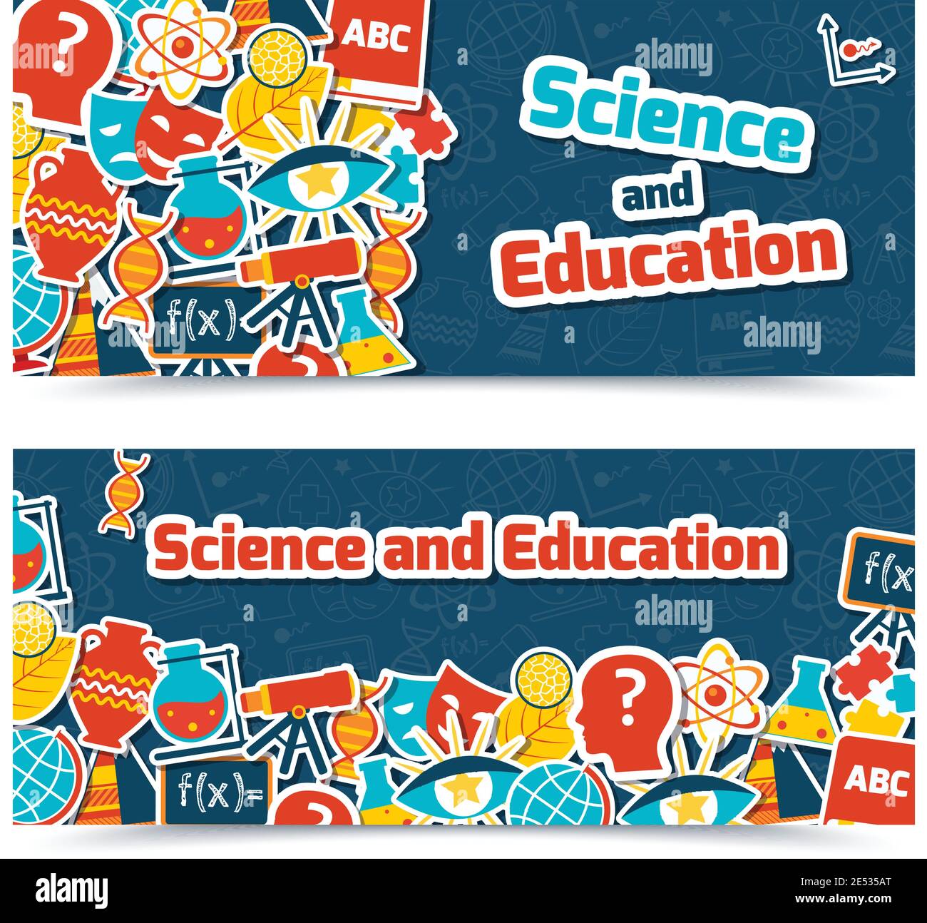 Science and education areas colored paper stickers set on blue ...