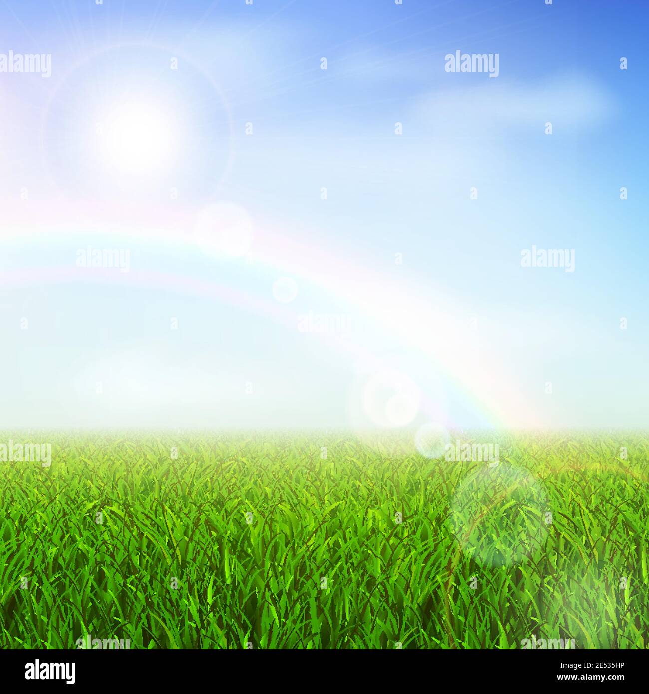 Field or meadow with green grass and rainbow vector illustration Stock ...