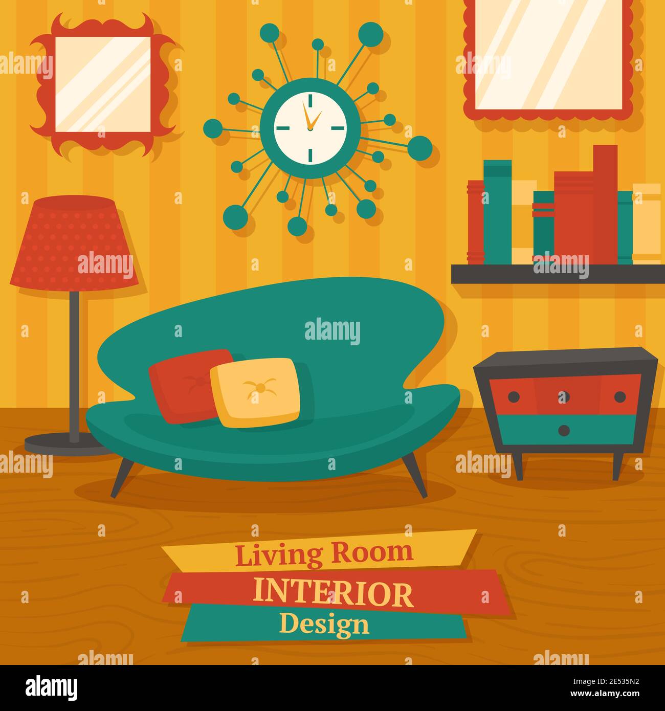 Interior indoor living room design with sofa lamp and bookshelf vector ...