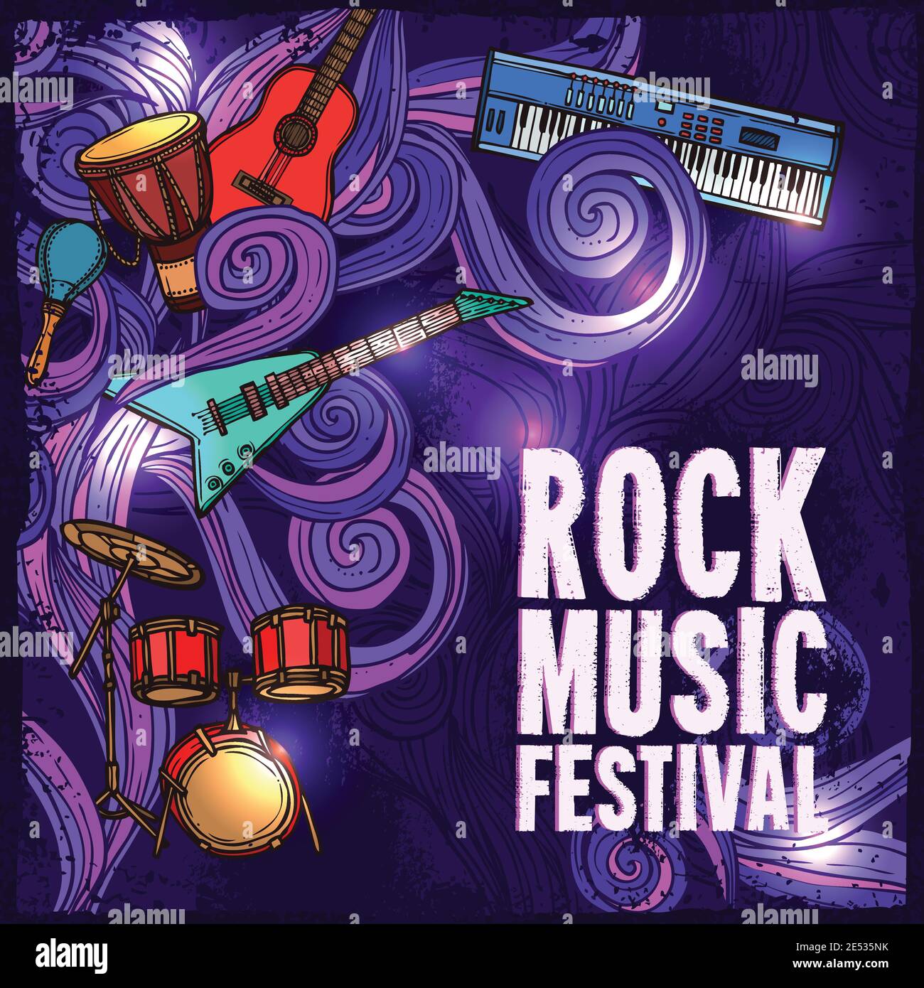 Rock music festival poster with electric guitar drums keyboard