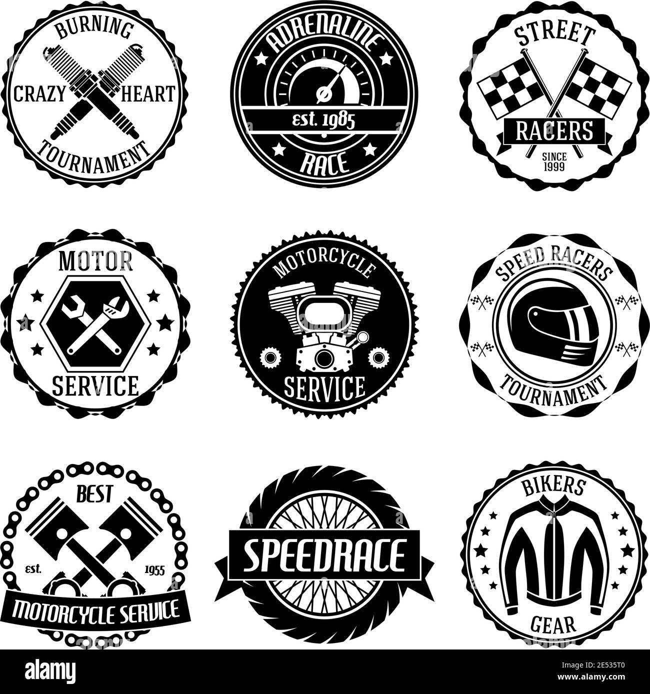 Motorcycle racing tournament motor service emblems black set isolated ...