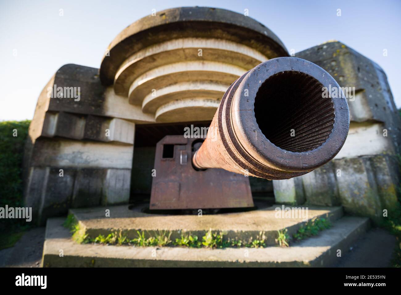 Close up of a world war two cannon belonging to the battery of Longues Sur Mer Stock Photo