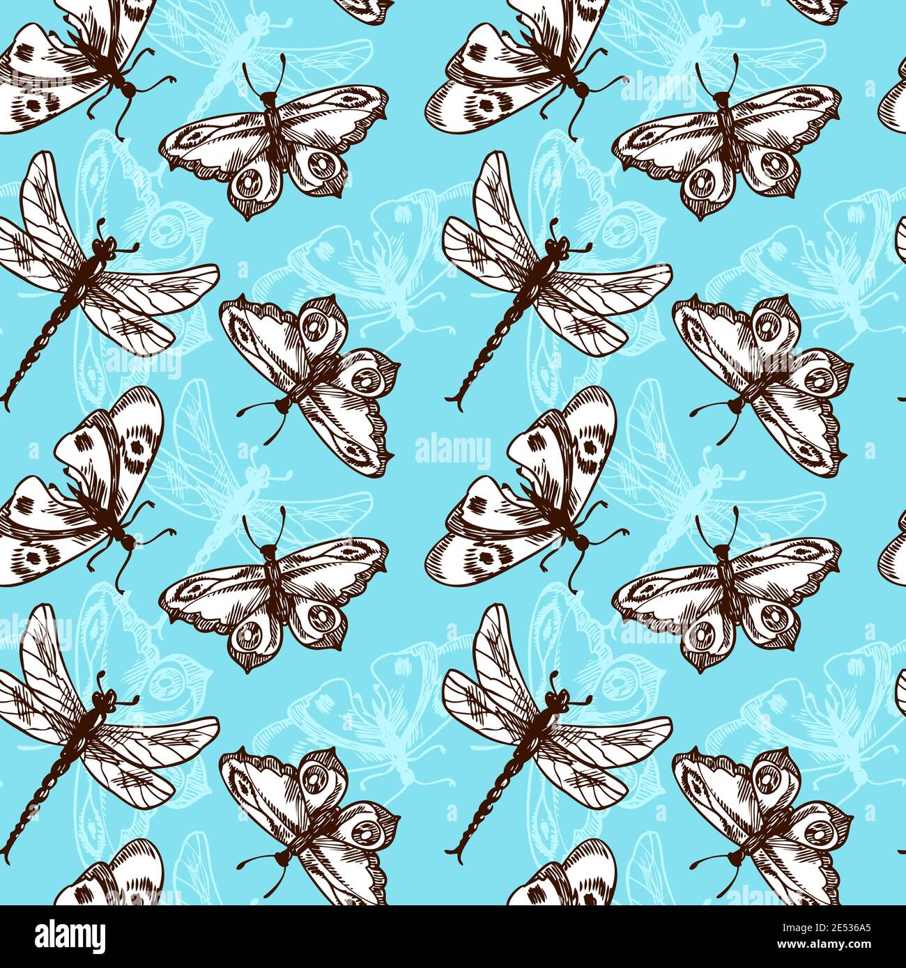 Butterflies and dragonflies insects blue sketch seamless pattern vector ...