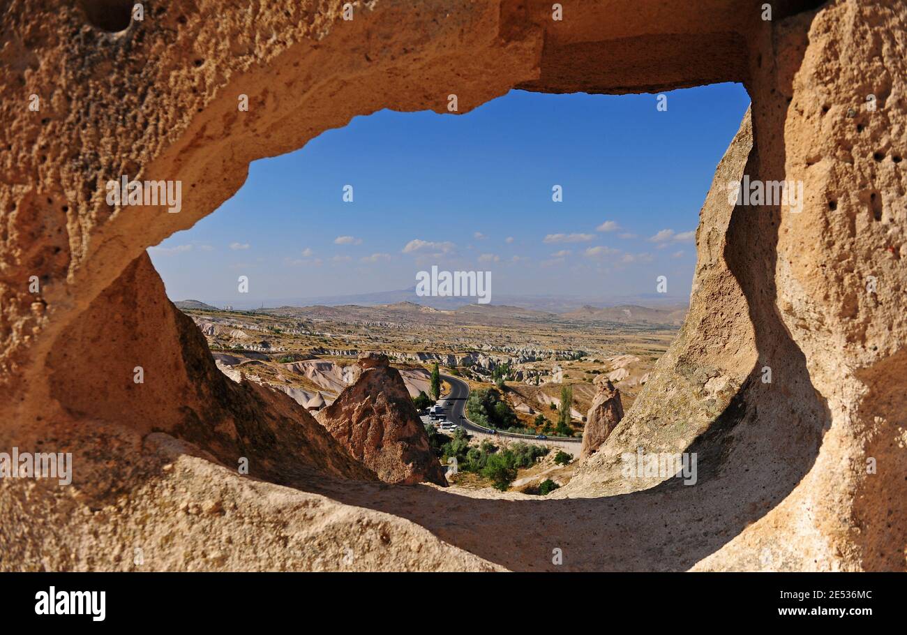 Natural arch with a beautiful landscape. Cappadocia valley, Turkey Stock Photo