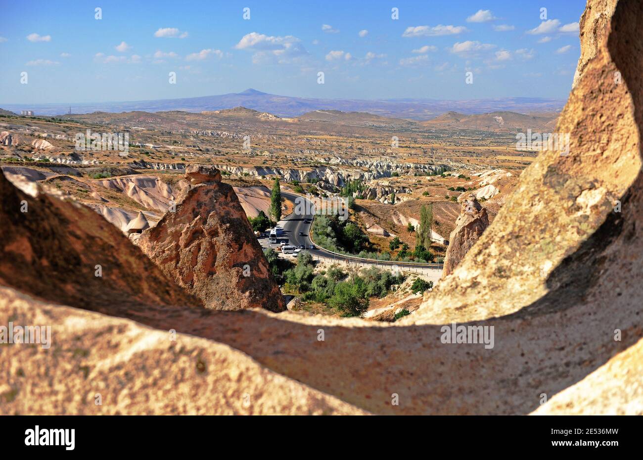 beautiful landscape with winding road in the valley of Cappadocia, Turkey Stock Photo