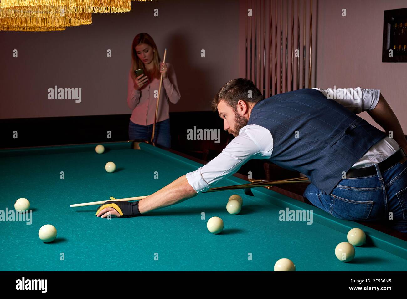 male billiard player finding best solution and right angle at billard or  snooker pool sport game, professional billiard player is concentrated Stock  Photo - Alamy