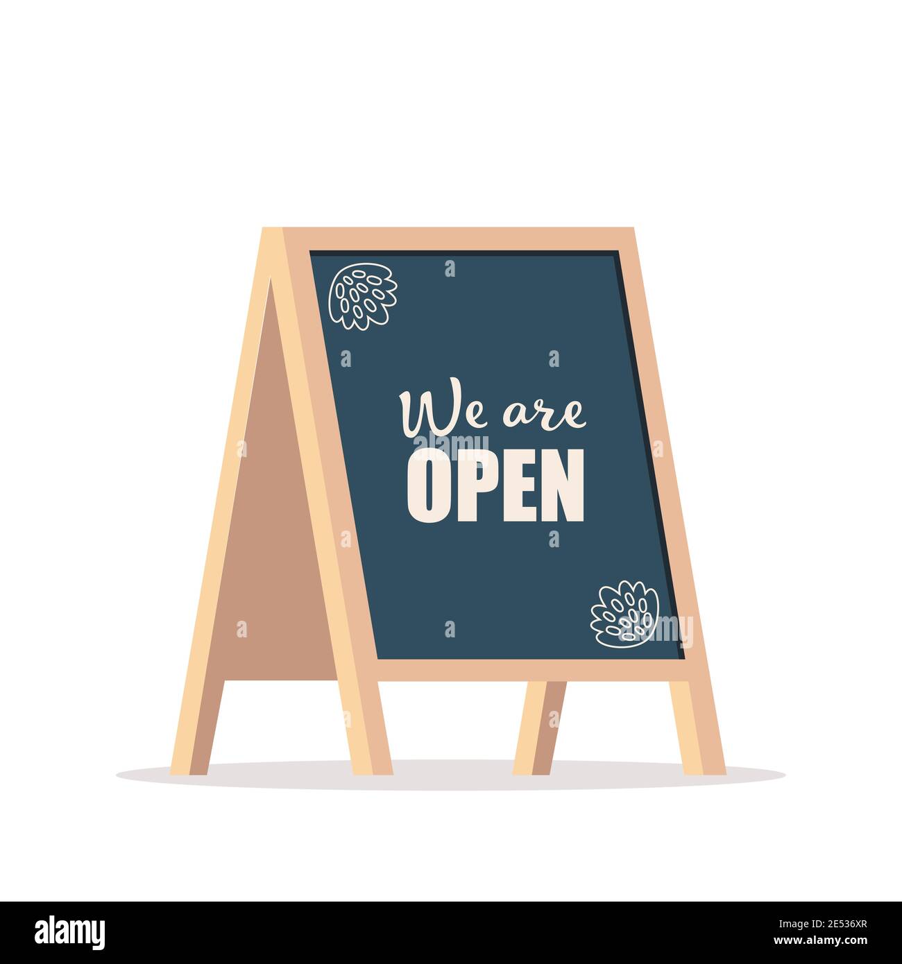 Street chalk board with text We Are Open, isolated on white. Chalk board for advertising a cafe or store. Vector illustration Stock Vector