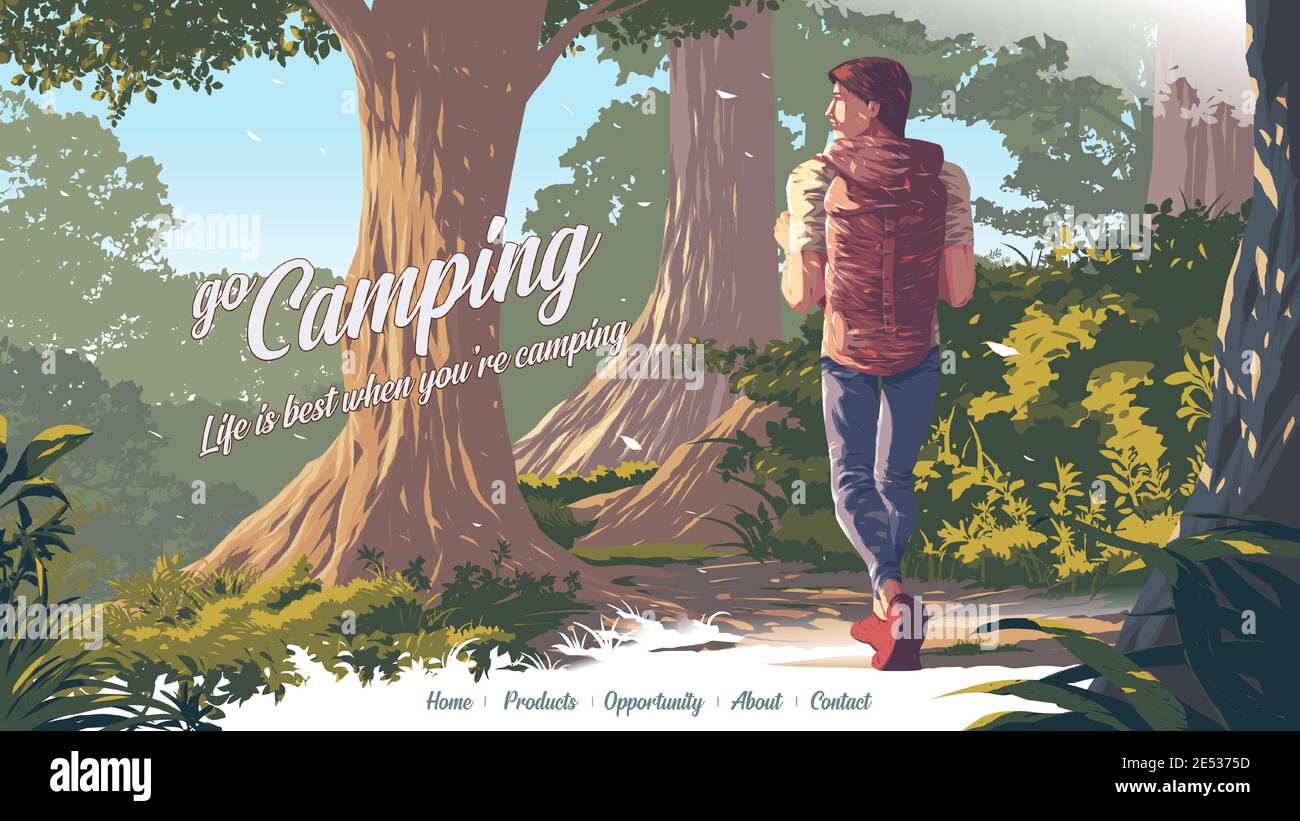 vector illustration for a landing page of the backpacker in the national park Stock Vector