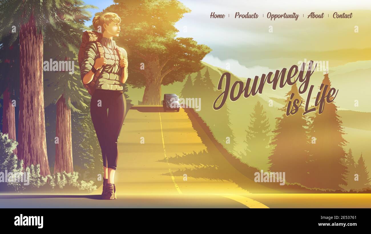 vector illustration for a landing page of the female backpacker is traveling alone and walking on the road Stock Vector