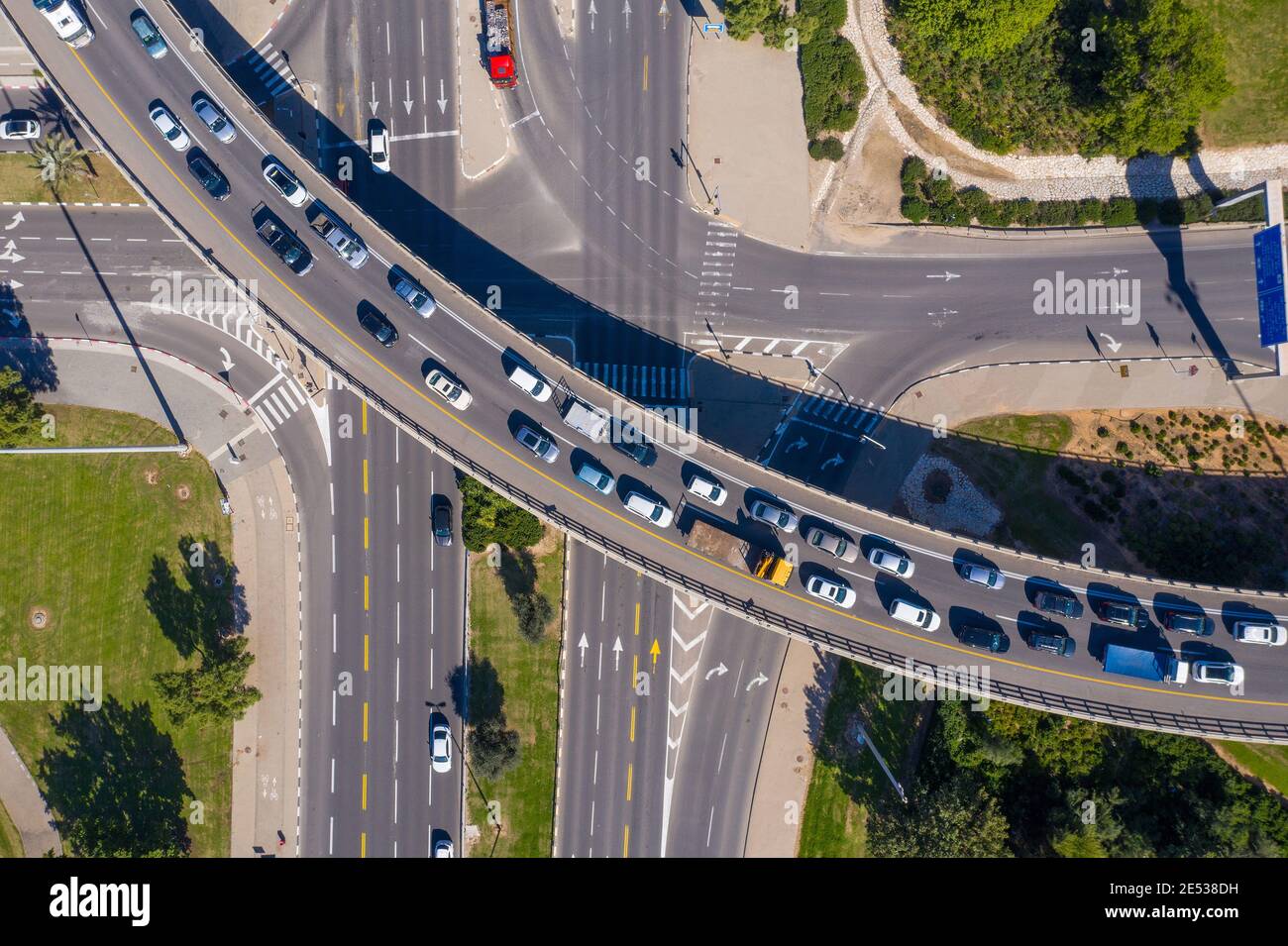Traffic jam on a highway interchange bridge with Cars at full stop. Stock Photo