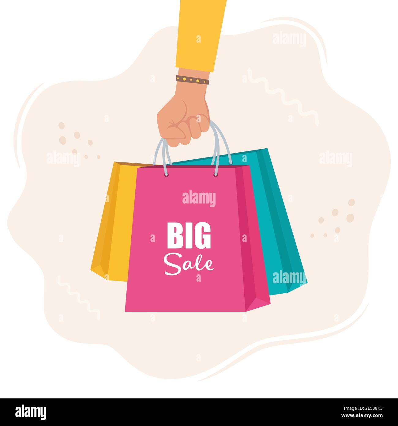 Hand with multicolored shopping bags. Big sale concept vector Illustration Stock Vector