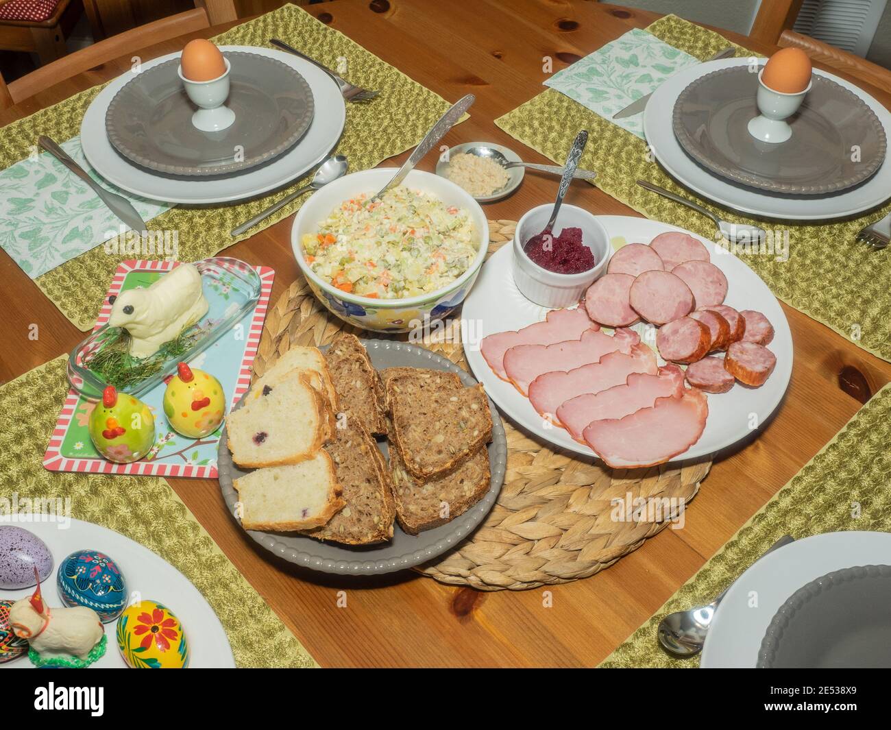 Easter Sunday is celebrated with an Easter breakfast. Easter breakfast includes the foods blessed on Easter Saturday as well as other traditional East Stock Photo