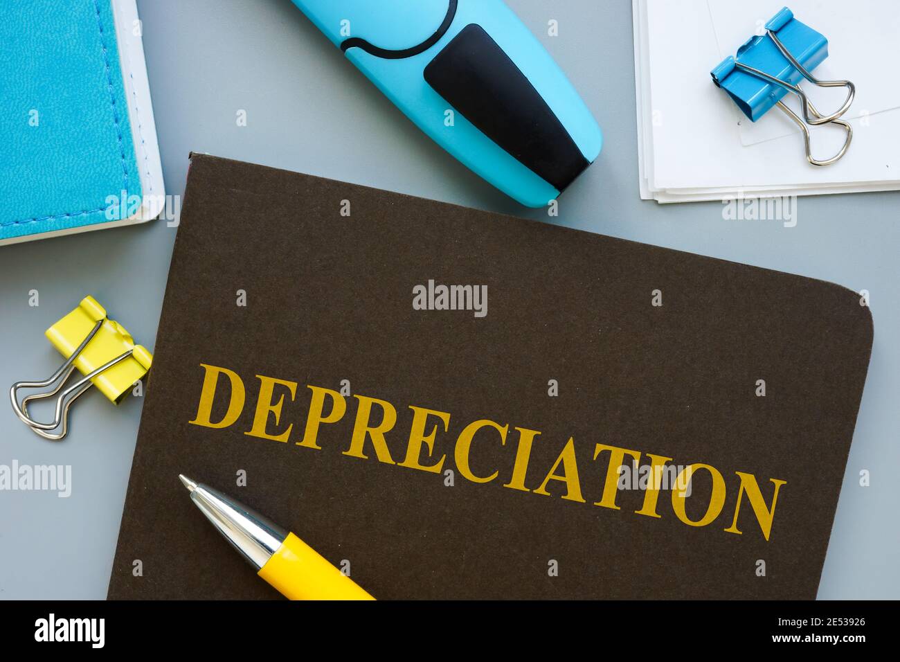 Book about Depreciation and pen on the table. Stock Photo