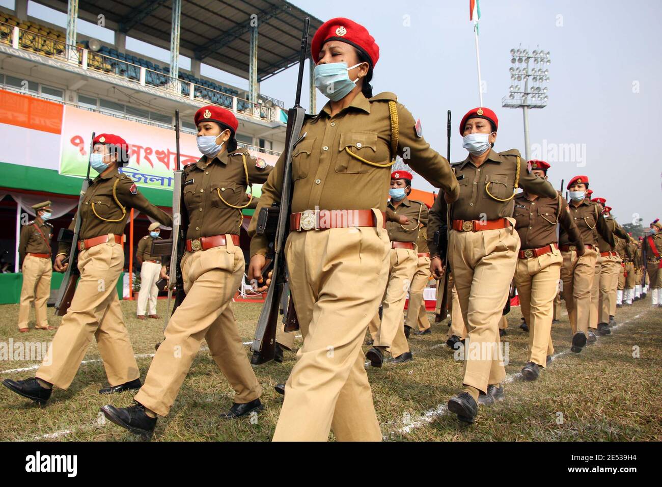 Nagaon, Assam, India - 26 Jan 2021: Assam Police , NCC and Students of diiferent schools participated in the march past during the celebration of 72 Republic Day at Nurul Amin Stadium in Nagaon, Assam, India.  / Photo by Diganta Talukdar Stock Photo