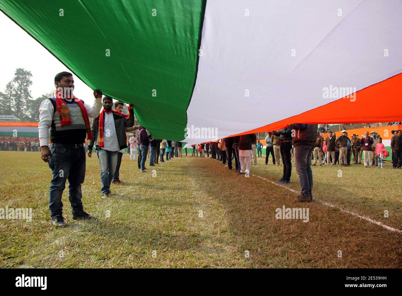 Nagaon, Assam, India - 26 Jan 2021: 100 mtrs log Indian National flag displayed at Nurul Amin Stadium during the celebration of Republic Day in Nagaon, Assam, India. Credit: DIGANTA TALUKDAR/Alamy Live News Stock Photo