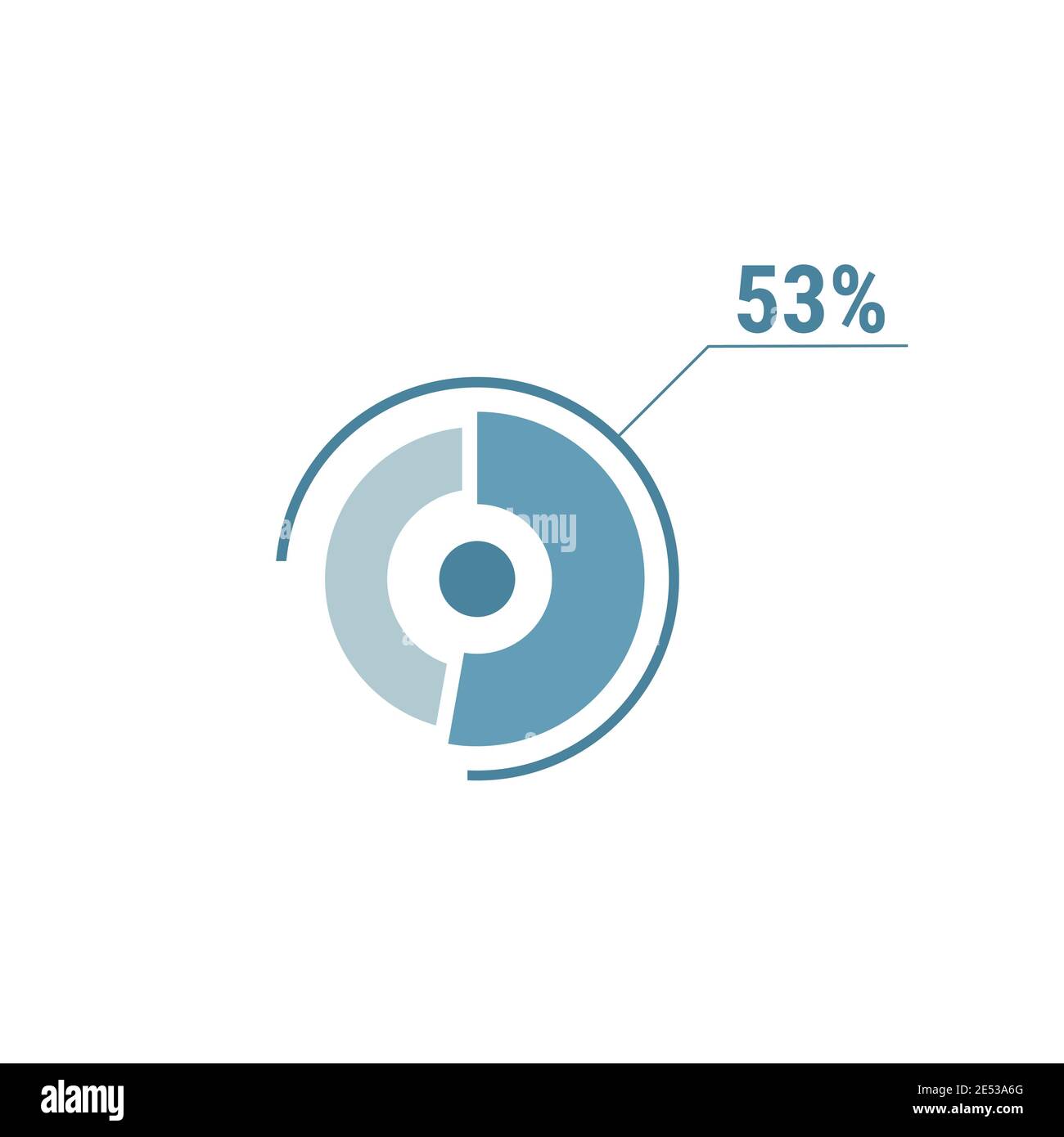Circle diagram fifty three percent pie chart 53. Circle percentage vector diagram. Flat vector illustration for web UI design, blue on white backgroun Stock Vector