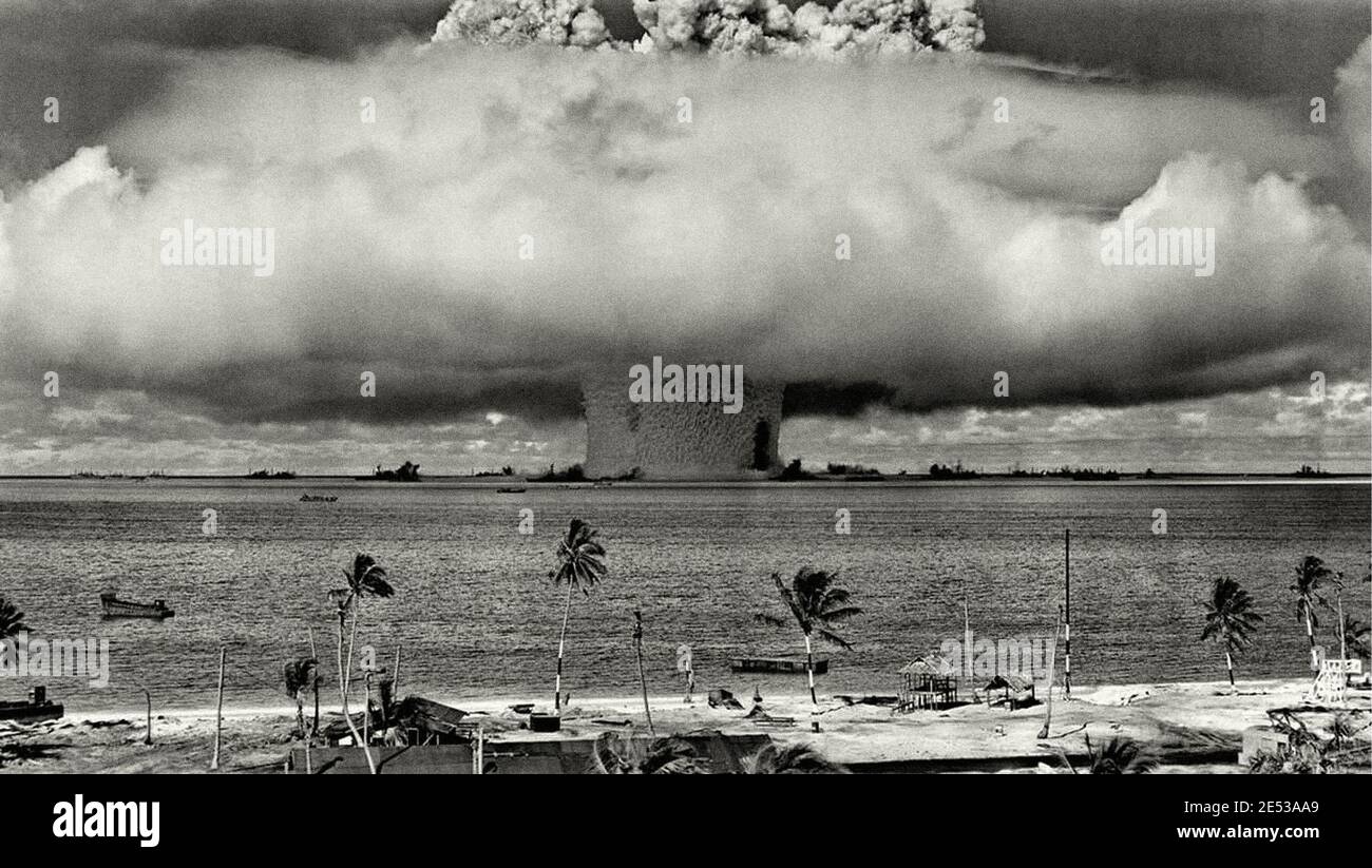 A test nuclear explosion codenamed “Baker” at Bikini Atoll in the Marshall Islands, on July 25, 1946. The 40 kiloton atomic bomb was detonated by the Stock Photo