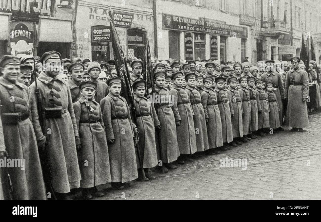 Young Red Army soldiers during revolutionary parade. Soviet Ukraine. 1923 Stock Photo