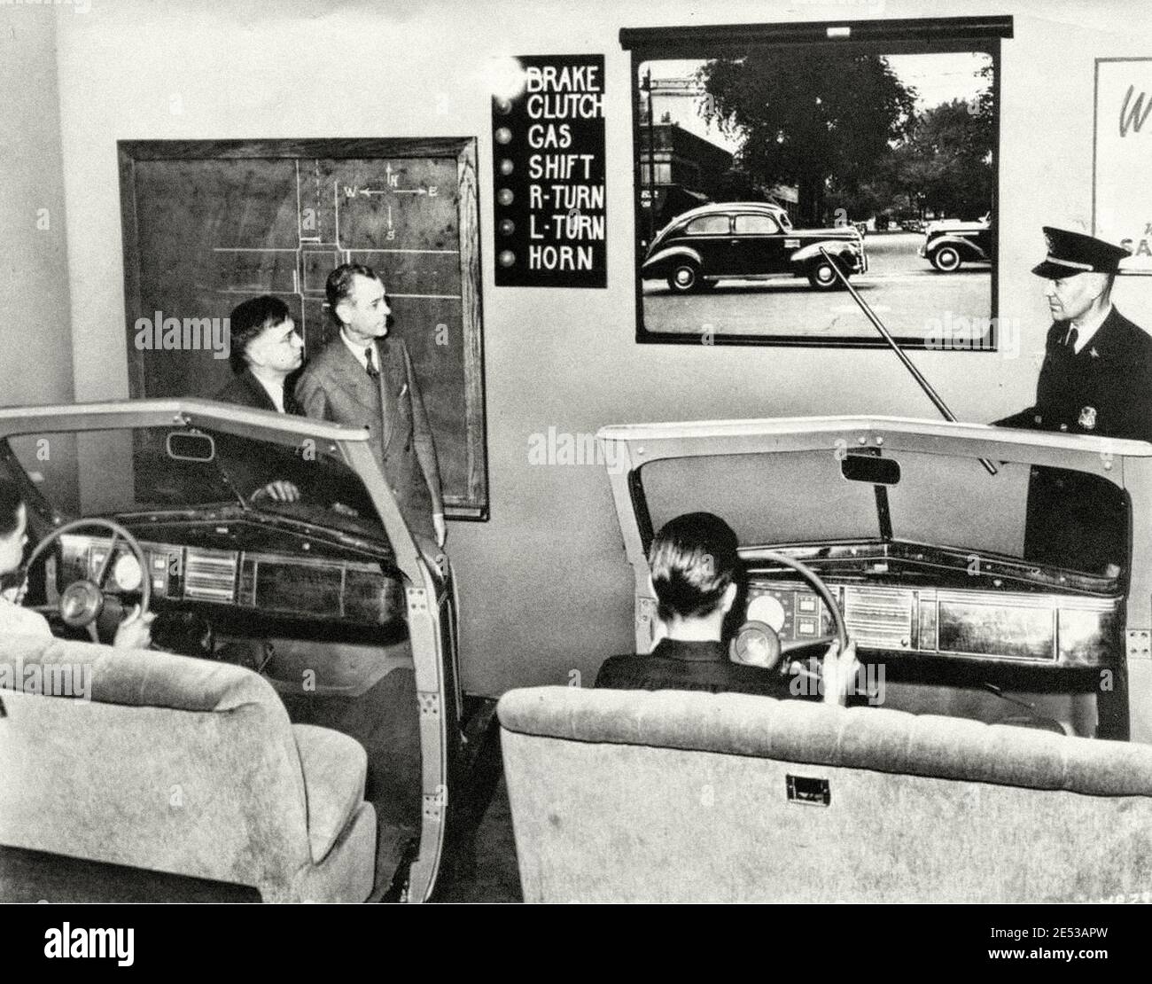Driving lessons at the University of Highland Park, Michigan, USA. 1939. Stock Photo