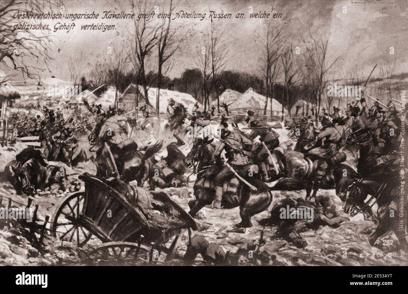 The First World War period. Austro-Hungarian cavalry attacks a Russian unit defending a Galician estate. Stock Photo