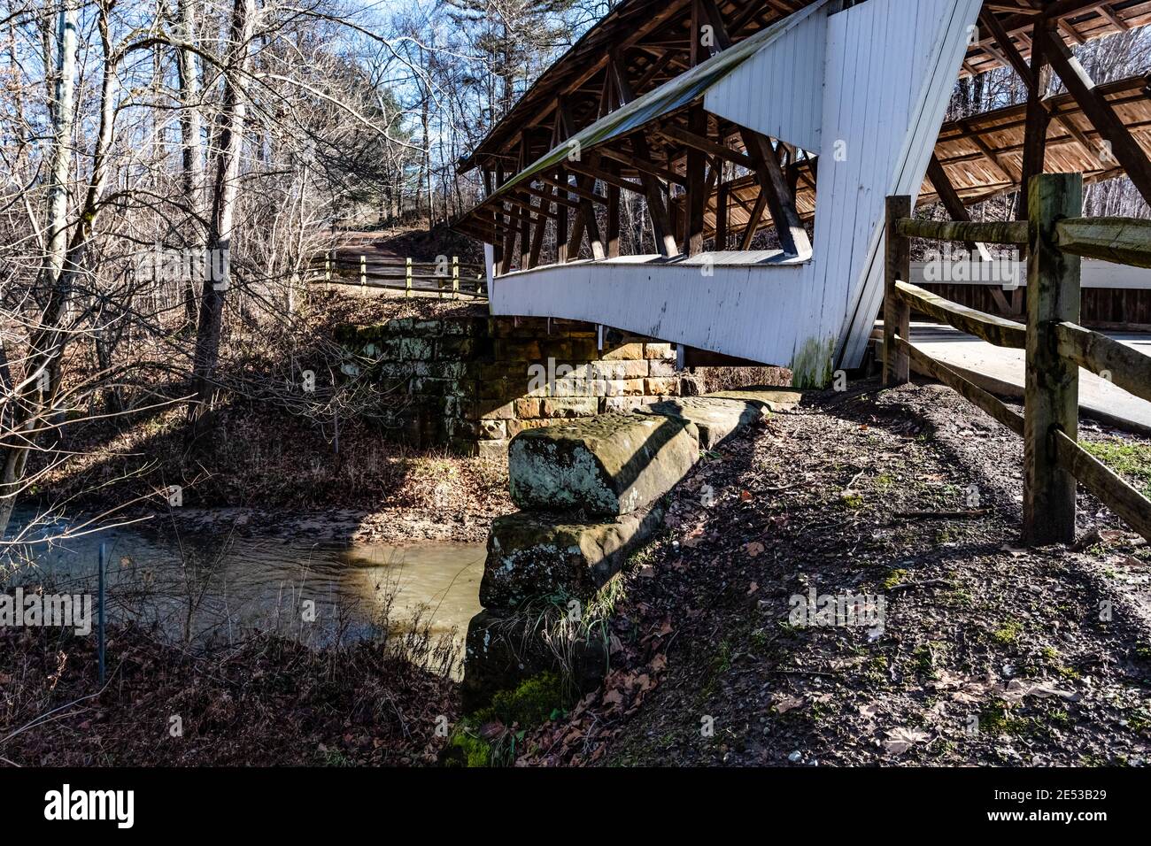 Lancaster, Ohio/USA-January 5. 2019: Close up of a canopy on the historic Mink Hollow Covered Bridge located in Fairfield County, Ohio., originally bu Stock Photo