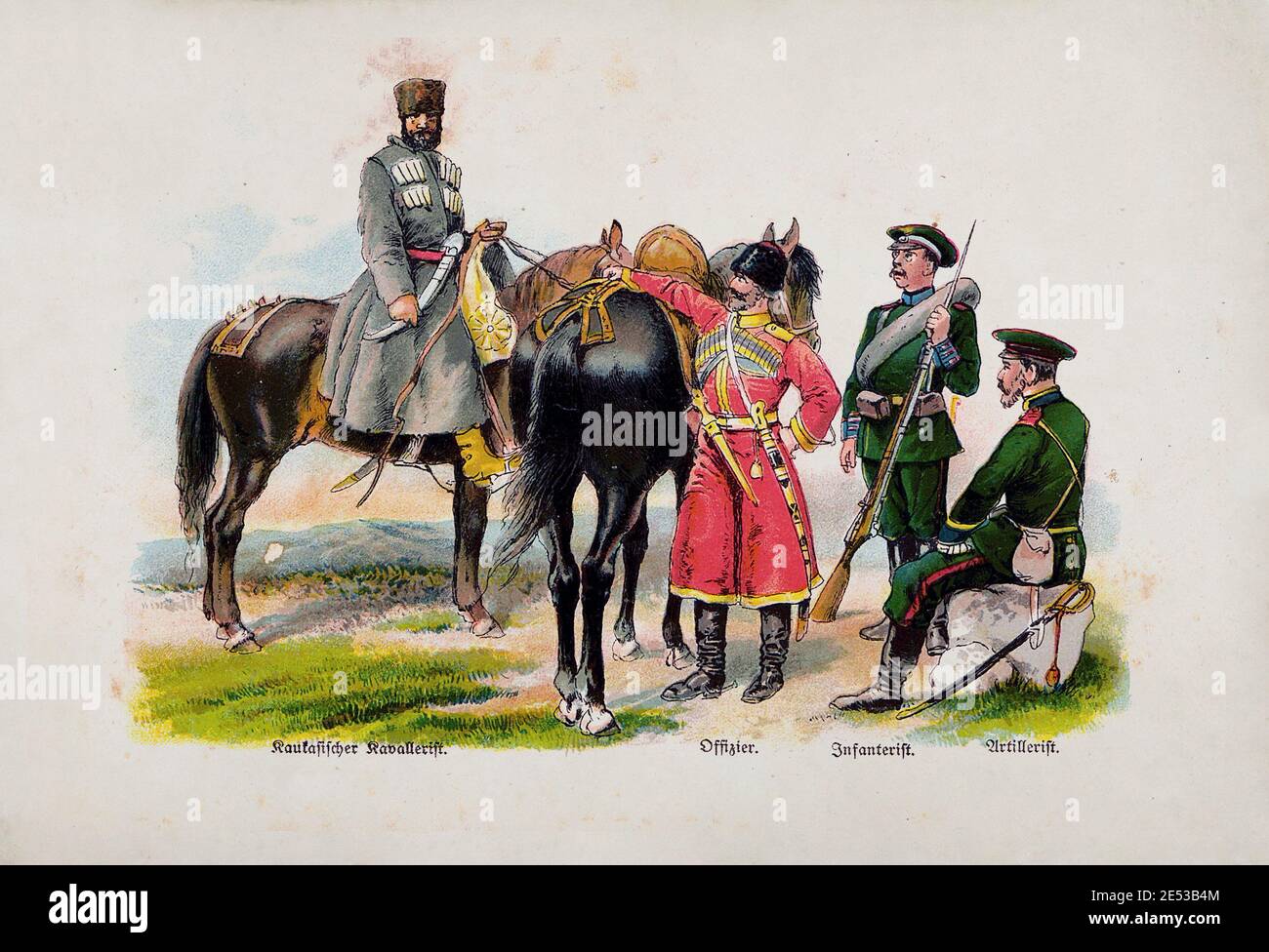 Russian Imperial Armee. Caucasian cavalry (Caucasian Cossacks). Officer. Infantry. Artillery. Russian Empire. 1910s Stock Photo