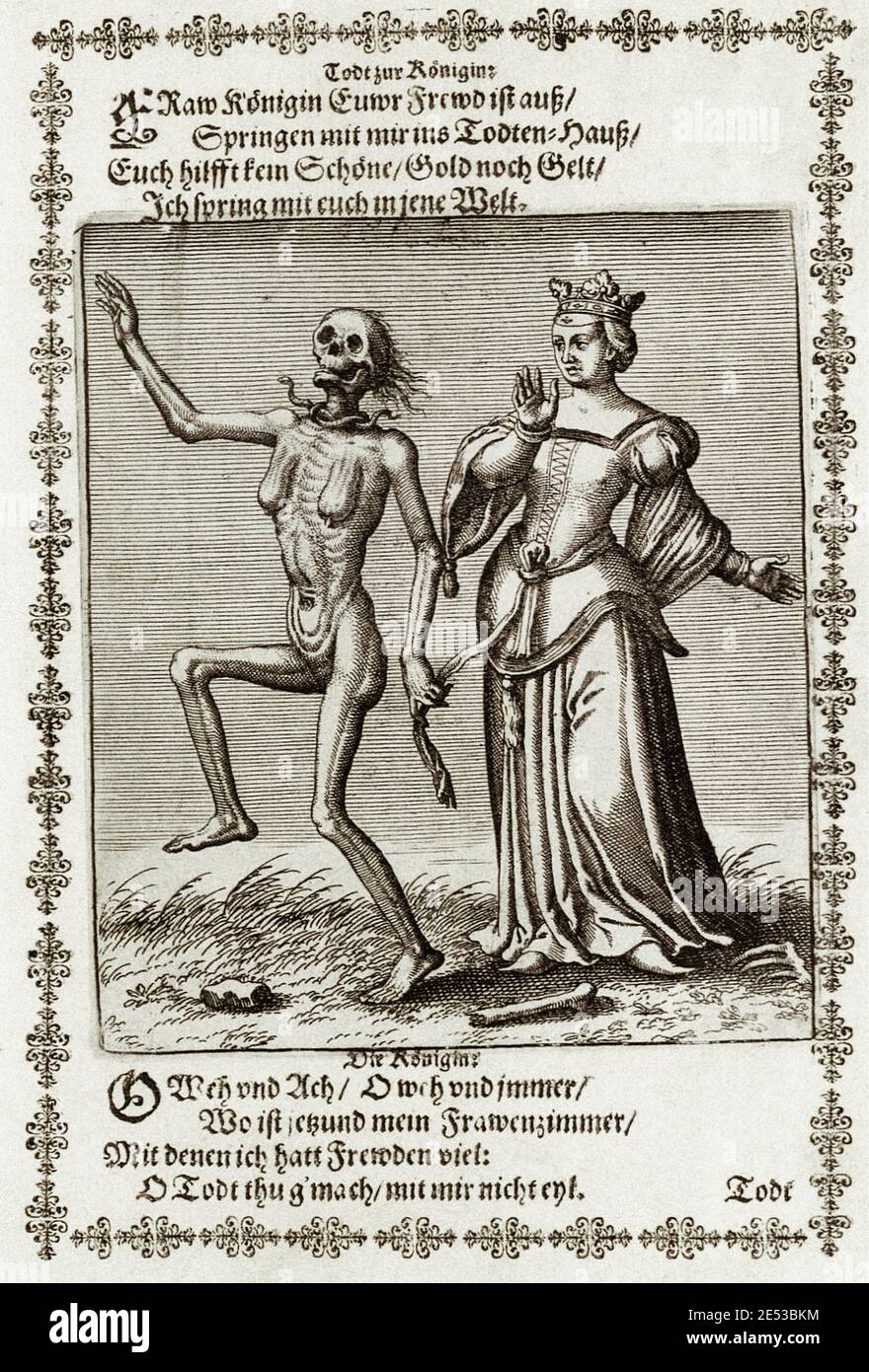 The Queen from Basel's dance of death by Matthew Merian. The Danse Macabre, also called the Dance of Death, is an artistic genre of allegory of the La Stock Photo