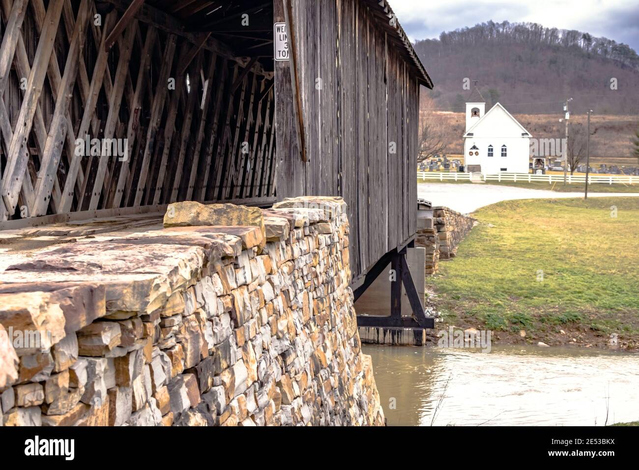 February 26, 2016: Goddard, Kentucky - Goddard White Bridge the only surviving example of Ithiel Town Lattice design in Kentucky. The timbers are join Stock Photo