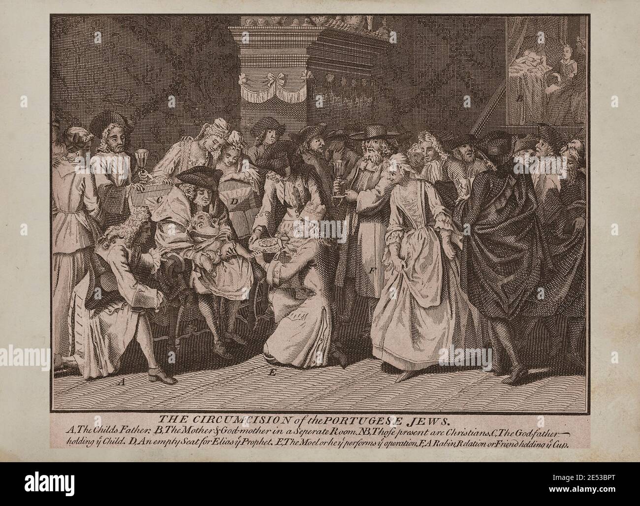 The circumcision of the portugese jews. A. The childs father. B. The mother and God-mother in a separate room. NB. Those present are Christians. C. Th Stock Photo