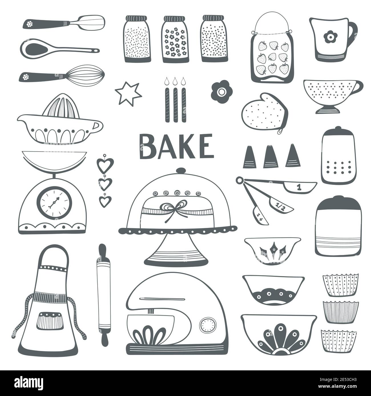 Baking kitchen icon illustration set. Vector black and white outlines