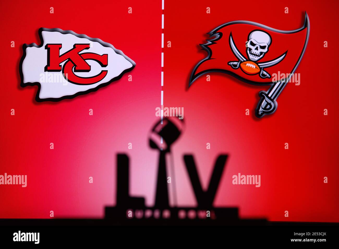 TAMPA BAY, USA, JANUARY, 25. 2021: Super Bowl LIV, the 55th Super Bowl 2020, Kansas City Chiefs vs. Tampa Bay Buccaneers. American football match, sil Stock Photo