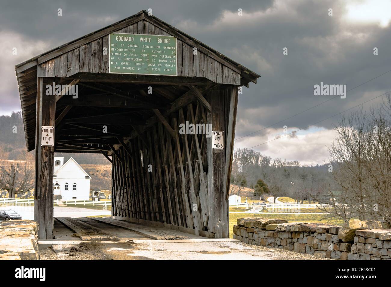 February 26, 2016: Goddard, Kentucky - Goddard White Bridge the only surviving example of Ithiel Town Lattice design in Kentucky. The timbers are join Stock Photo
