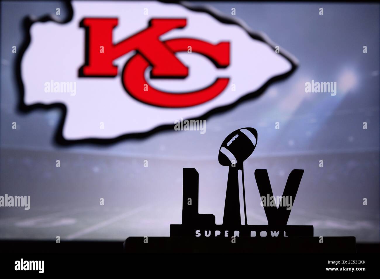 TAMPA BAY, USA, JANUARY, 25. 2021: Super Bowl LIV, the 55th Super Bowl 2020, Kansas City Chiefs logo on screen in background, NFL final Stock Photo