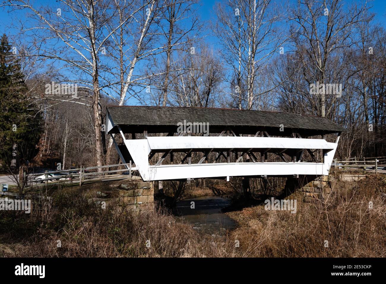 Lancaster, Ohio/USA-January 5. 2019: Historic Mink Hollow Covered Bridge located in Fairfield County, Ohio  spans Arney Run and was built in 1887. Stock Photo