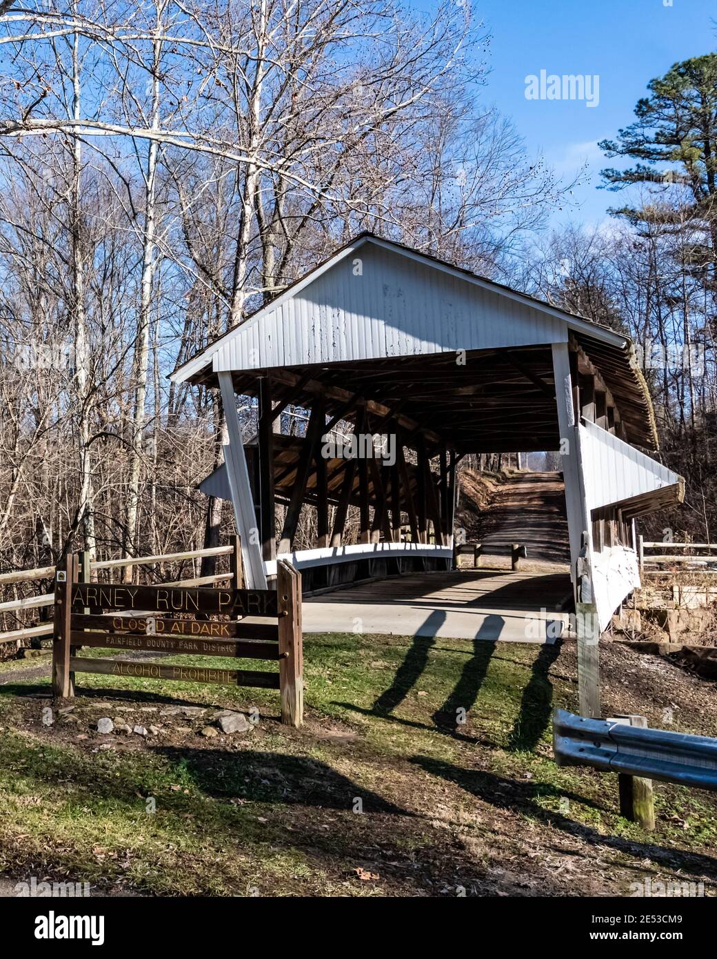 Lancaster, Ohio/USA-January 5. 2019: Historic Mink Hollow Covered Bridge built in 1887 located in Fairfield County, Ohio in vertical format. Stock Photo