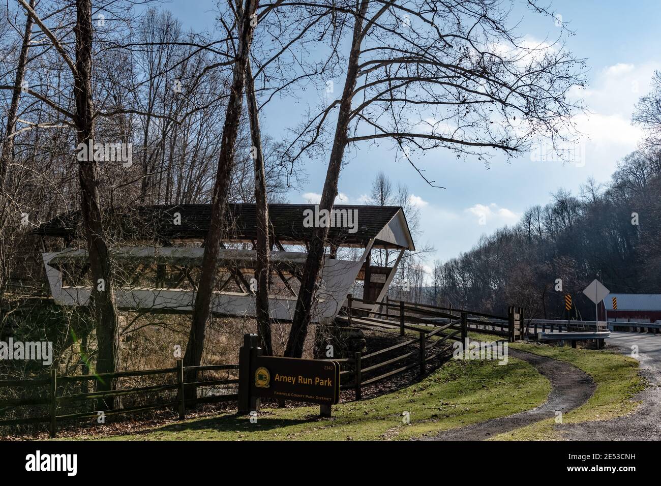 Lancaster, Ohio/USA-Jan. 5. 2019: Historic Mink Hollow Covered Bridge was built in 1887 in Fair.field County. Stock Photo
